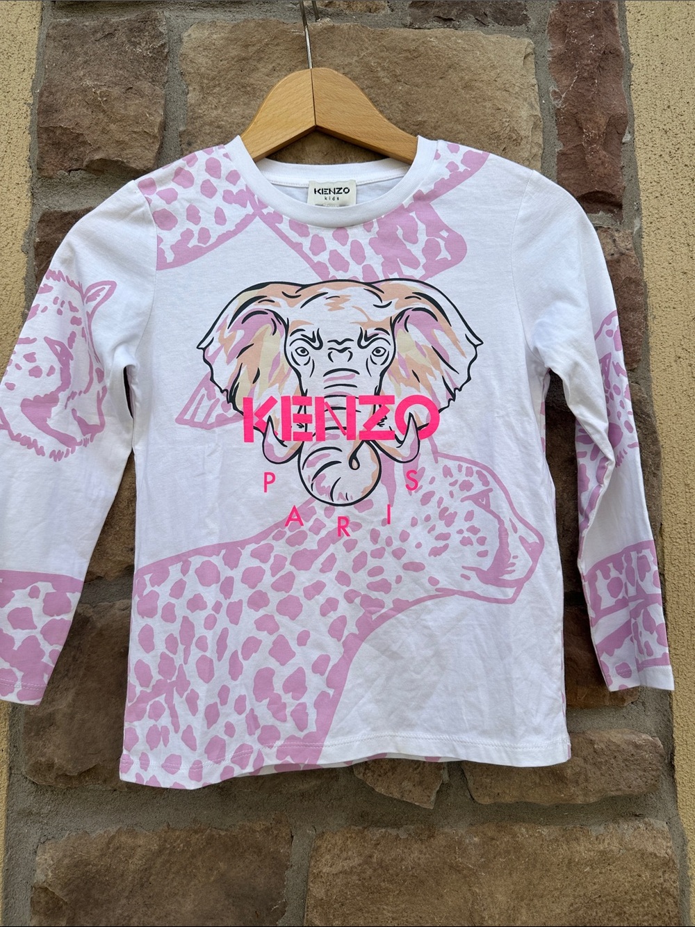 Kenzo White Long Sleeve Tee with Pink Elephant & Leopard Graphics